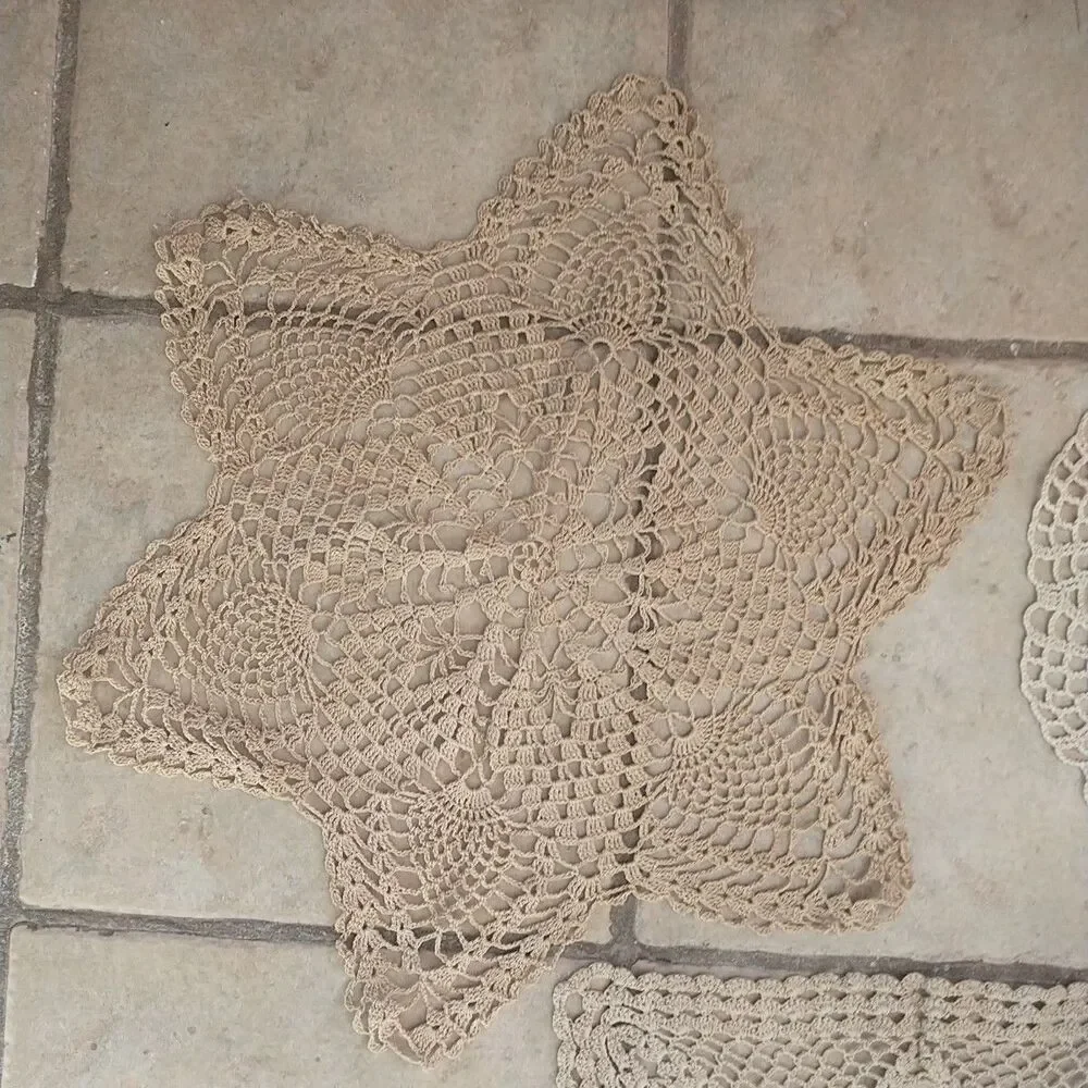 Vtg Handmade Crocheted Dollies White Beige Round Square Star Crafters Lot Of 3